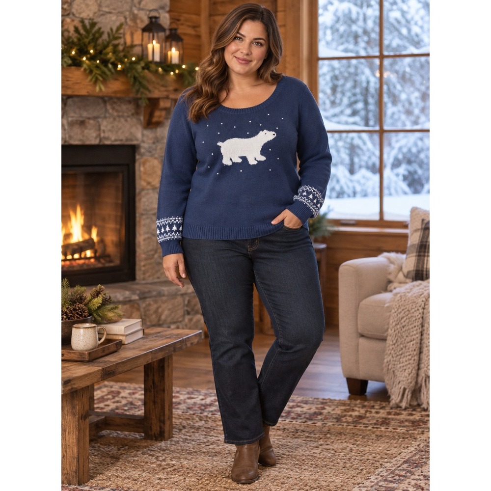 Talbots Polar Bear Sweater Womens 2X Blue Winter Fair Isle Tree Knit Pullover